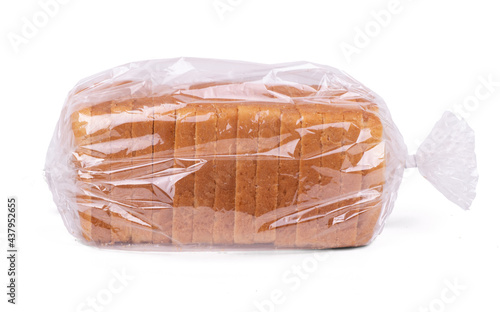 Sliced white bread in plastic bag isolated on white background