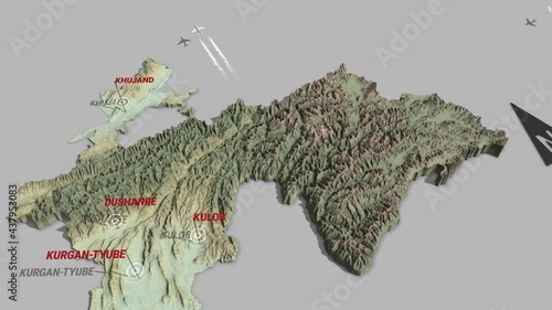 Seamless looping animation of the 3d terrain map of Tajikistan with the capital and the biggest cites in 4K resolution photo