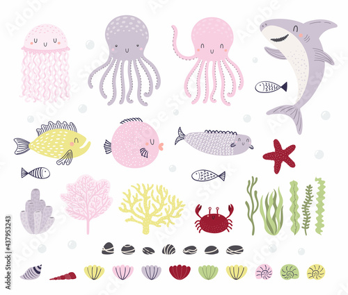 Cute underwater animals, fish, plants clipart set, isolated on white. Hand drawn vector illustration. Sea, ocean elements. Scandinavian style flat design. Concept kids fashion, textile print, poster