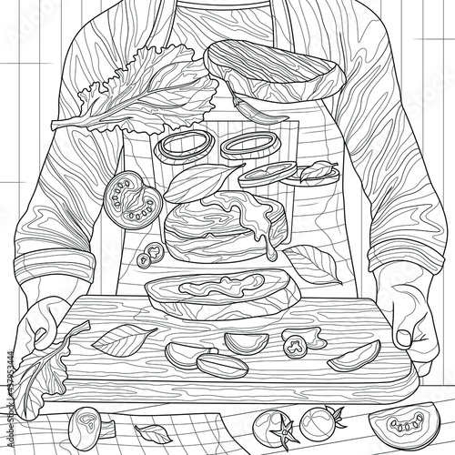 The cook makes a sandwich.Coloring book antistress for children and adults. Illustration isolated on white background.Zen-tangle style. Hand draw