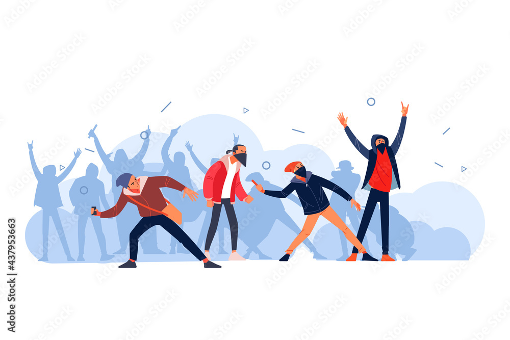 Protesters throws stones toward police during city streets riots. Youth Hooligans protests, fire smoke soot street fighting. Cartoon flat style vector illustration isolated on white background