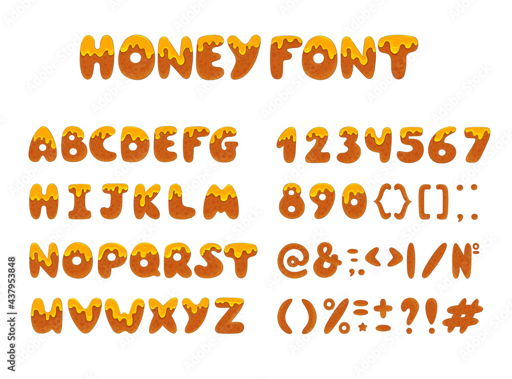 Cartoon font. Honey style alphabet set. Funny numbers, signs collection ...