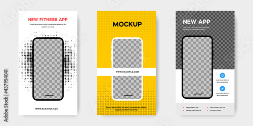 Social media story layouts with smartphone mockups, mobile device frames with place for photos, modern and clean vector templates for app promoting