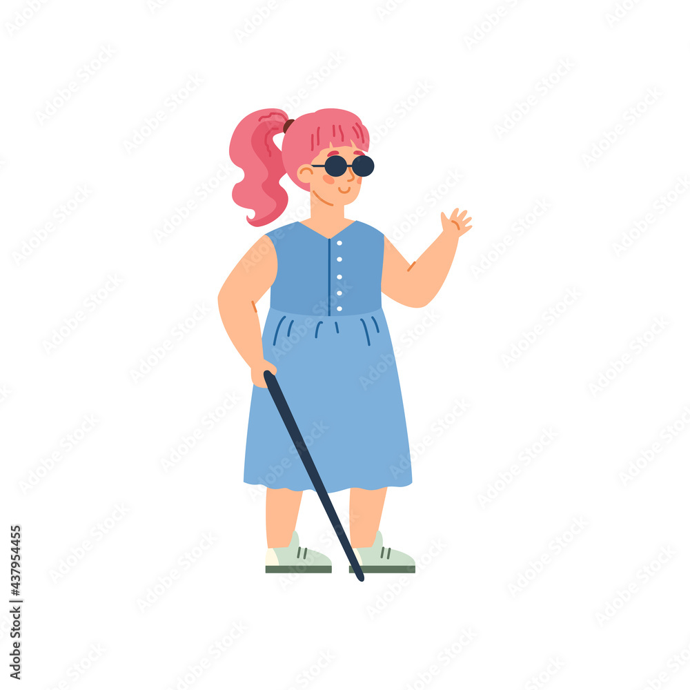 Fototapeta premium Disabled blind girl with walking stick, cartoon vector illustration isolated.