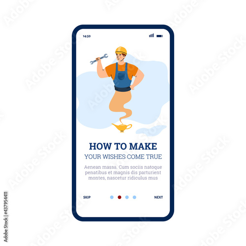 Vector mobile phone screen with genie chat bot - helper living in fairytale lamp
