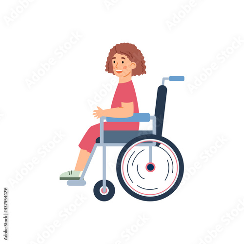 Disabled little girl in wheelchair, cartoon vector illustration isolated.