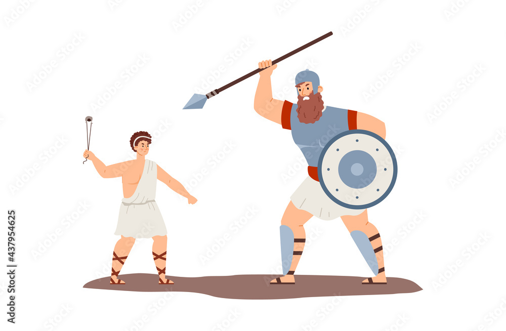Battle of Biblical David and giant Goliath, flat vector illustration isolated.