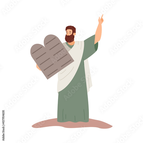 Moses holding stone with ten commandments, flat vector illustration isolated.