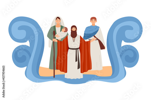 Biblical Moses prophet splitting the sea, flat vector illustration isolated.