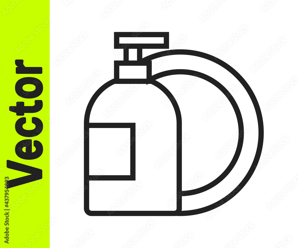 Black line Dishwashing liquid bottle and plate icon isolated on white background. Liquid detergent for washing dishes. Vector Black line Dishwashing liquid bottle and plate icon isolated on white background. Liquid detergent for washing dishes. Vector