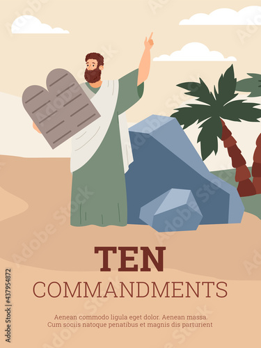 Ten commandments banner or poster with Biblical Moses flat vector illustration.