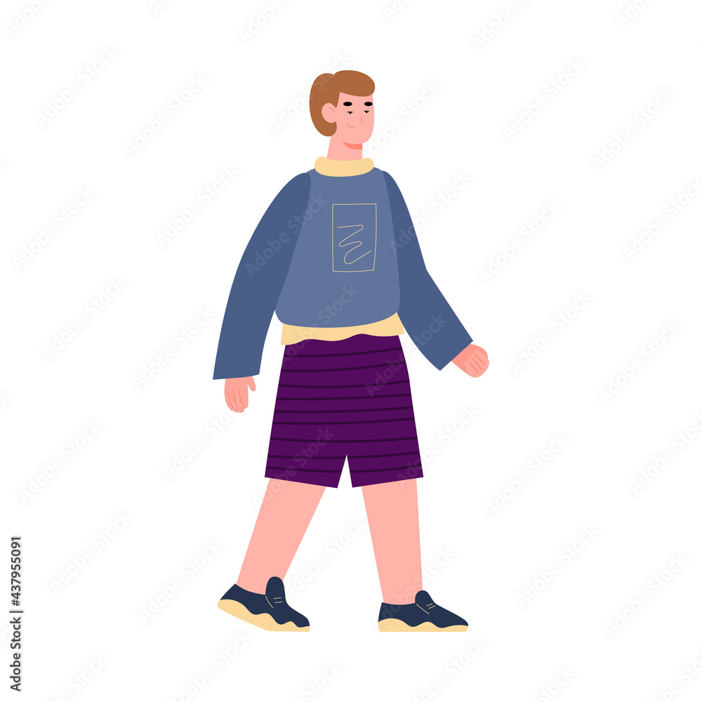 Young man in casual wear walking, flat cartoon vector illustration isolated.
