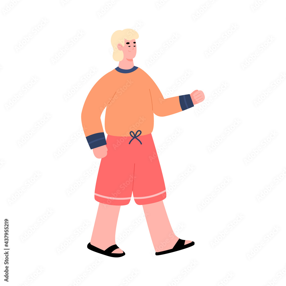 Young man in casual clothes and shorts, cartoon vector illustration isolated.