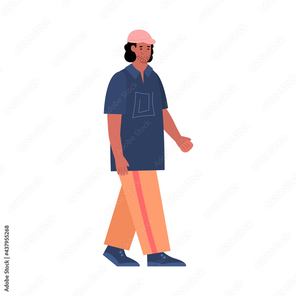 Young man in fashion cloth walking, flat cartoon vector illustration isolated.