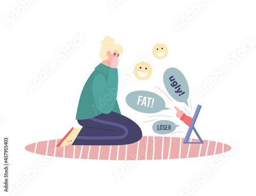 Woman receives insults of haters, cartoon vector illustration isolated.