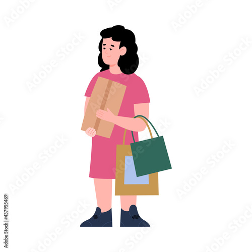 Girl with packs of goods purchased on sale, flat vector illustration isolated.