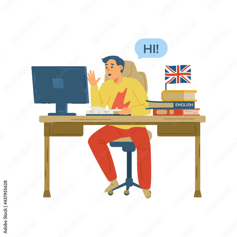 Man sitting at computer and learning English language flat vector illustration. Man sitting at computer and learning English language flat vector illustration.