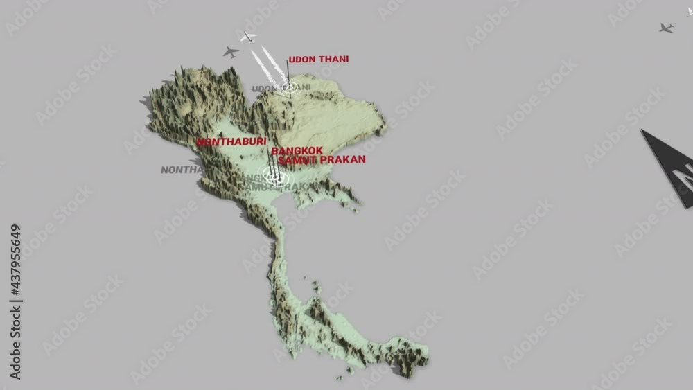 Seamless looping animation of the 3d terrain map of Thailand with the capital and the biggest 