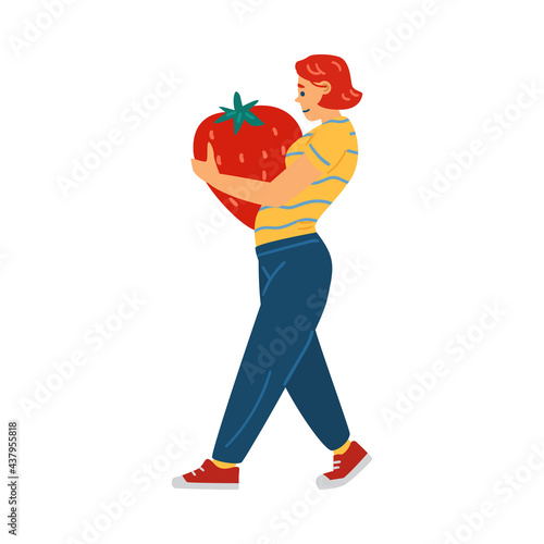 Woman carrying huge strawberry in hands, flat vector illustration isolated.