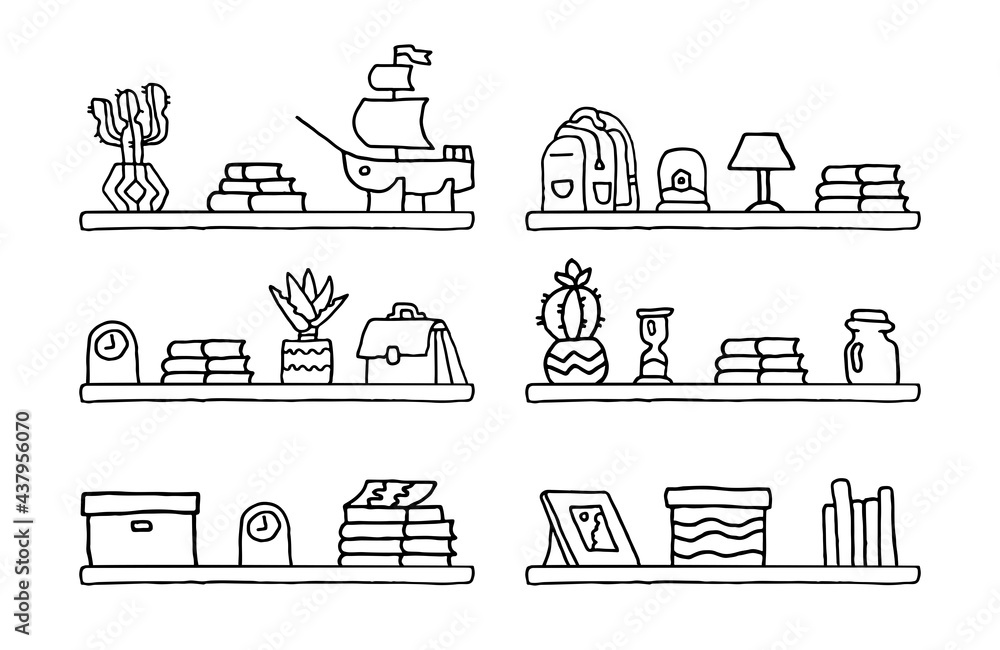 Bookshelves with books, souvenirs, school supplies. Doodle style drawing. Vector EPS 10
