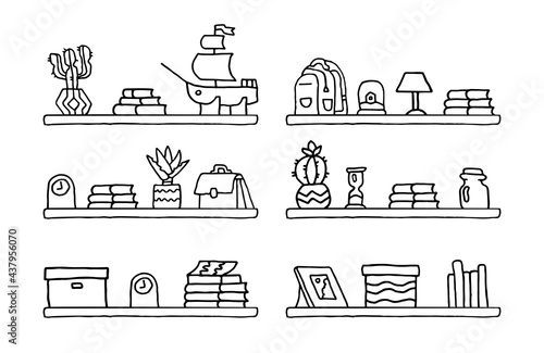 Bookshelves with books, souvenirs, school supplies. Doodle style drawing. Vector EPS 10