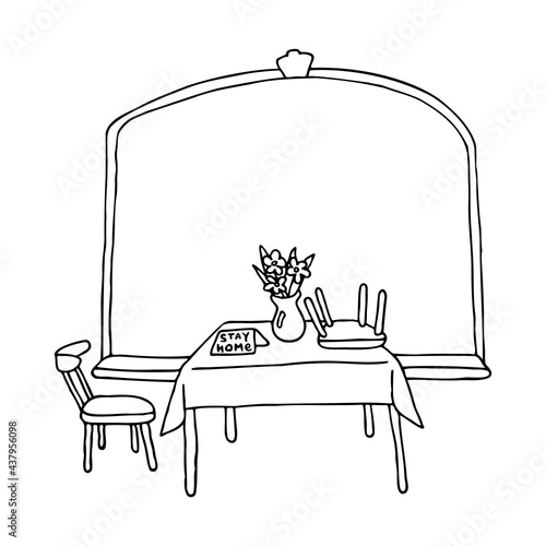 Cafe interior during a pandemic. Stay home. Doodle style drawing. Vector EPS 10