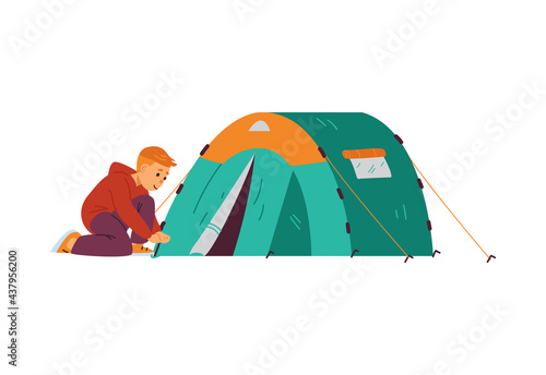 Child camper or boy scout setting tourist tent, vector illustration isolated.