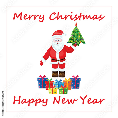 Postcard with Santa Claus and gifts, with the text Merry Christmas and Happy New Year. Cartoon vector illustration on white background.
