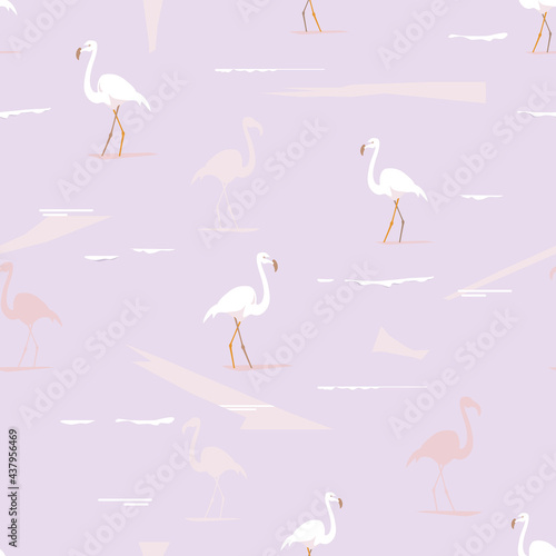 Flamingo birds on a purple wave background. Vector cartoon illustration. Seamless pattern for design.