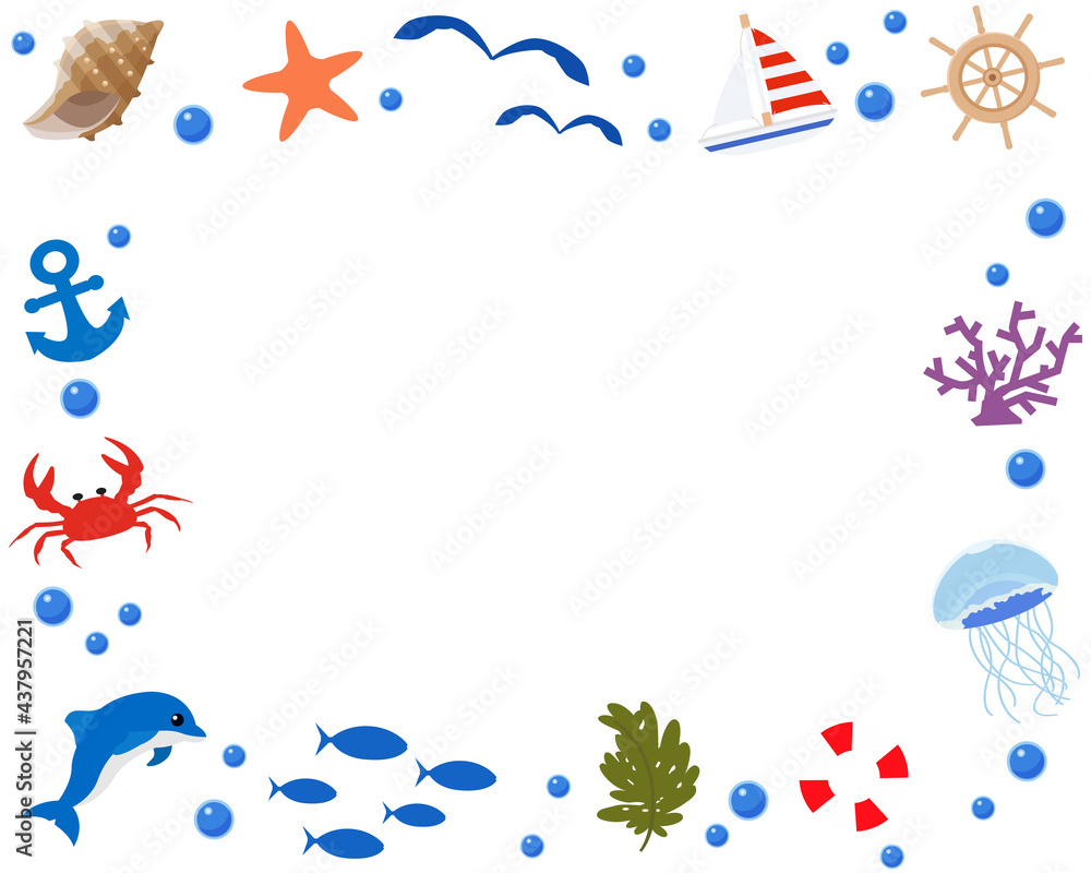 Obraz premium 海の生き物や貝殻、船のイラスト フレーム 背景素材