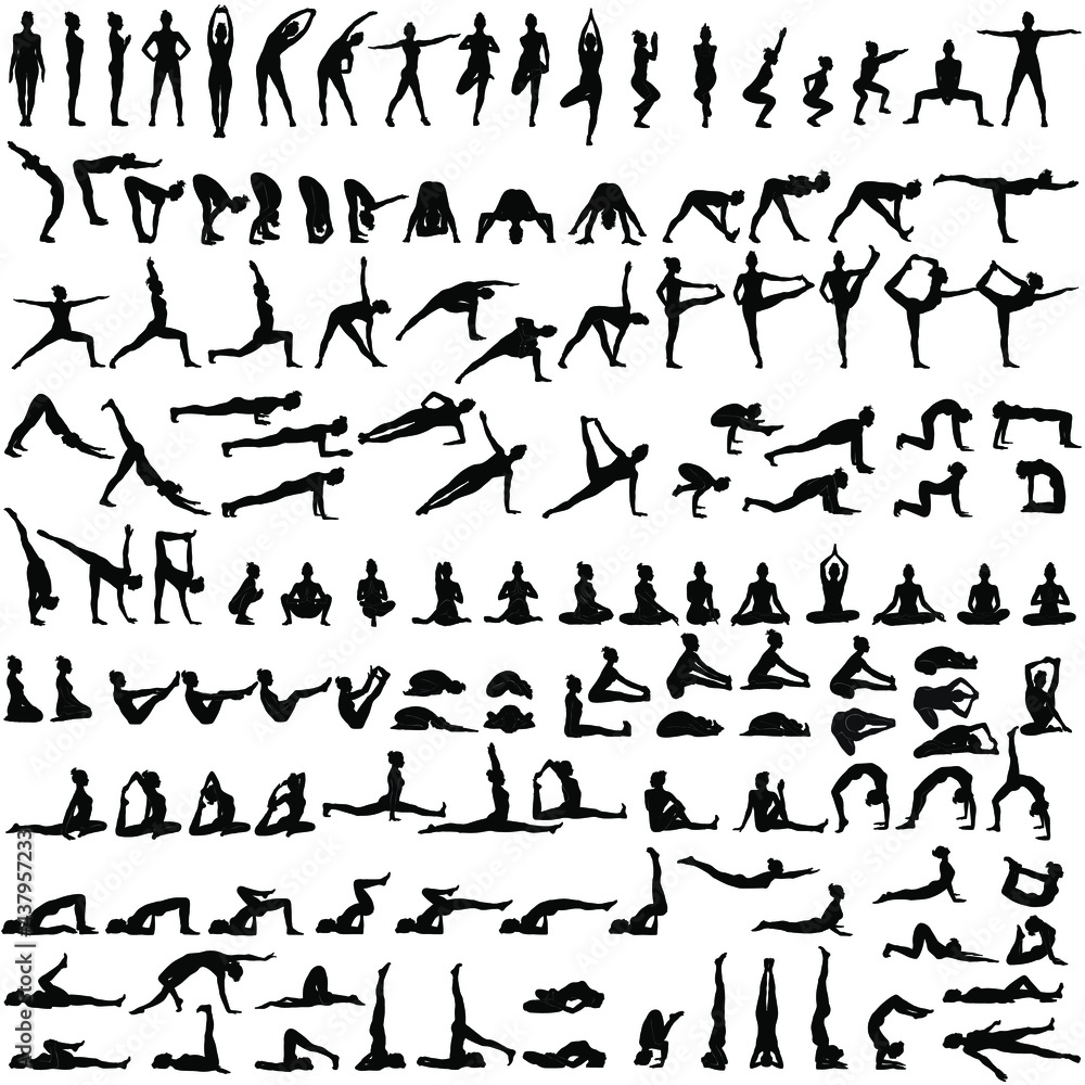 Big Set Of Silhouettes Of Woman Doing Yoga Exercises Icons Of Girl Stretching And Relaxing Her