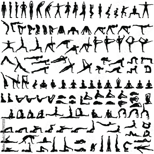 Big set of silhouettes of woman doing yoga exercises.  Icons of girl stretching and relaxing her body in many different yoga poses. Black shapes of woman isolated on white background. Yoga complex. photo