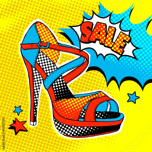 Bright Pop art comic poster with image of a shoe and label "Sale". Vector illustration.