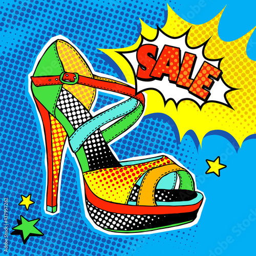 Bright Pop art comic poster with image of a shoe and label "Sale". Vector illustration.