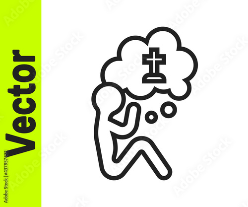 Black line Man graves funeral sorrow icon isolated on white background. The emotion of grief, sadness, sorrow, death. Vector