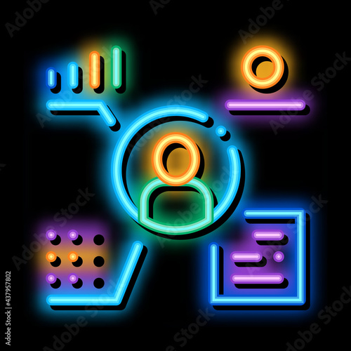 full electronic information about person neon light sign vector. Glowing bright icon full electronic information about person sign. transparent symbol illustration