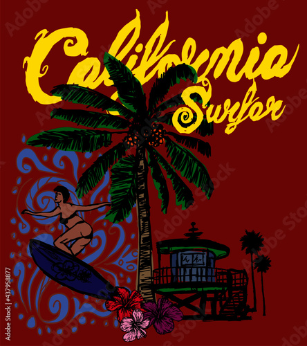 California oceanside beach graphic design vector art