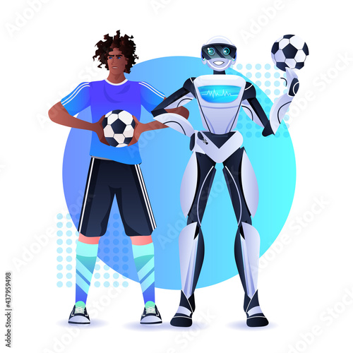 african american man and robot soccer players holding balls artificial intelligence technology concept