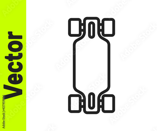 Black line Longboard or skateboard cruiser icon isolated on white background. Extreme sport. Sport equipment. Vector