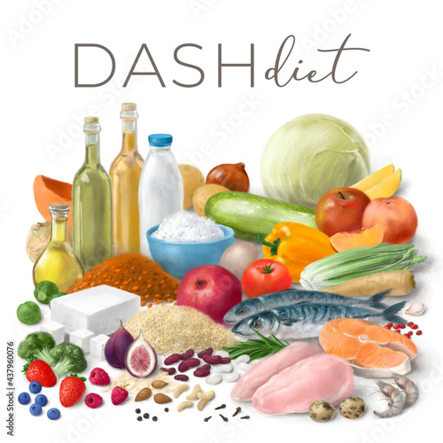 Fototapeta Naklejka Na Ścianę i Meble -  Balanced nutrition concept for DASH clean eating. Assortment of healthy food ingredients for cooking. Hand drawn illustration.