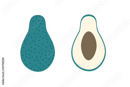 A whole avacado and a piece of avacado on an isolated white background. Flat vector illustration.