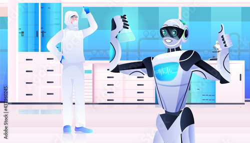 robot with male scientist in protective suit making experiments in lab genetic engineering artificial intelligence