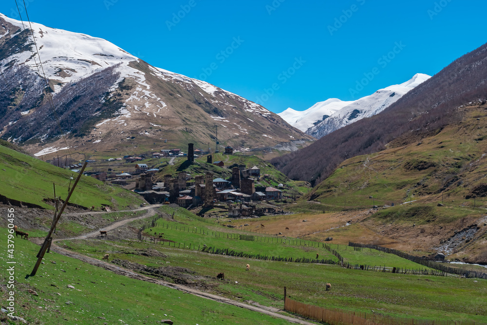 View of the Ushguli village at the foot of Mt. Shkhara