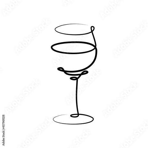 Red wine wineglass on white background. Graphic arts sketch design. Black one line drawing style. Hand drawn image. Alcohol drink concept for restaurant, cafe, party. Freehand drawing style