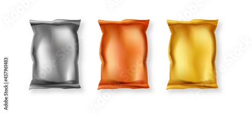 Yellow gold pack template. Plastic bag for packing things and groceries plastic realistic packet wrapped in vector polythene