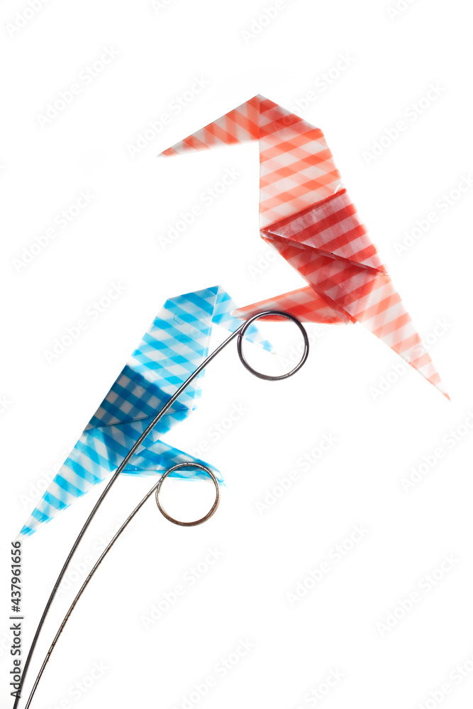 Obraz premium Colored origami Birds on a perch isolated over white background.