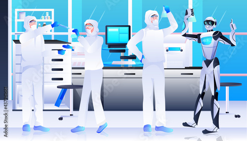 robot with scientists in protective suit making experiments in lab genetic engineering artificial intelligence concept