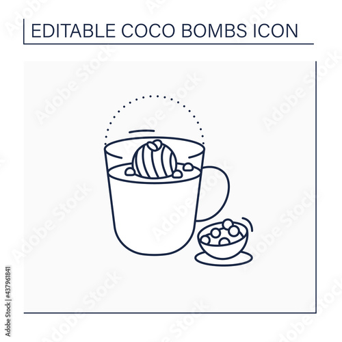 Coco bomb line icon. Delicious dessert. Cute ball of chocolate with marshmallows filling. Bomb inside hot milk glass. Chocolate sweet.Isolated vector illustration.Editable stroke