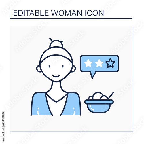 Food critic line icon. Woman analyzes food or restaurants and publishes the results of their findings. Evaluetes dishes. Successful woman concept. Isolated vector illustration.Editable stroke