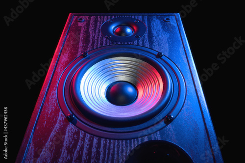 Sound speaker in neon light on black. photo
